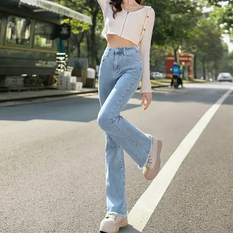 唐狮23春秋季新款牛仔裤女修身高腰显瘦薄款微喇裤毛边百搭时尚商品大图