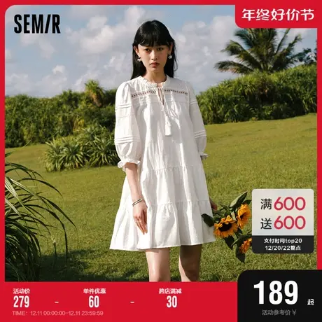 森马连衣裙女木耳边白色文艺温柔2023秋季新款宽松肌理蛋糕裙法式图片