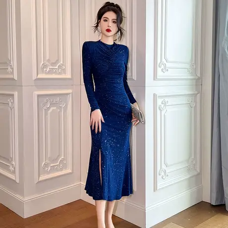 褶皱圆领设计感亮片连衣裙2024新款轻奢小众显身材性感开叉鱼尾裙图片