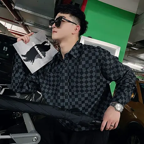 2023春秋季高级感棋盘格衬衫长袖韩版小众宽松潮流衬衣外套ins商品大图