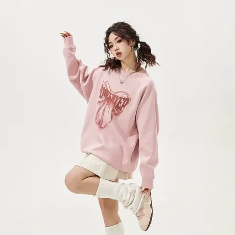 YEP美式复古圆领脏粉色卫衣女春秋可爱印花宽松无帽上衣外套图片