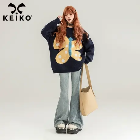 KEIKO 慵懒风蝴蝶提花毛衣女加厚冬季设计感软糯宽松圆领针织衫图片