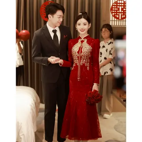 红色敬酒服2023新款新娘高级感鱼尾旗袍秀禾服秋季出阁服嫁衣长袖图片