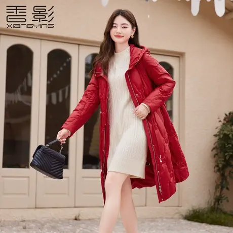 香影羽绒服女中长款2023年冬季新款设计感小众收腰白鸭绒连帽外套商品大图