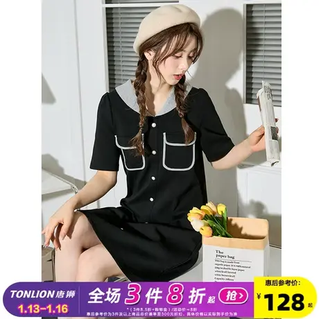 唐狮超好看复古气质小香风裙子女夏季翻领黑色显瘦连衣裙小个子e6图片