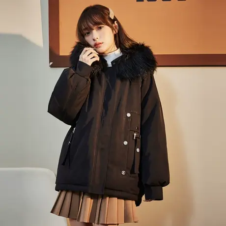 唐狮冬羽绒服女仿兔毛连帽可脱卸一手长派克服加厚面包服外套图片