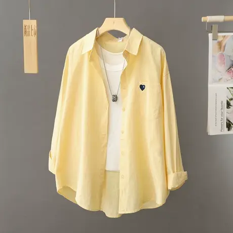 欧货长袖衬衫女春秋开衫宽松休闲外搭上衣Polo领简约黄色衬衣外套商品大图