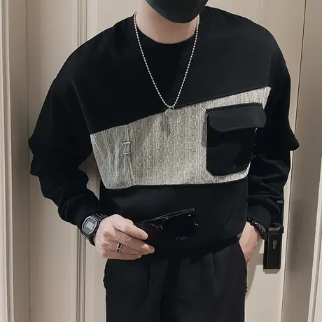 设计感拼接卫衣男春季新款潮牌轻熟休闲外套撞色内搭长袖T恤上衣商品大图