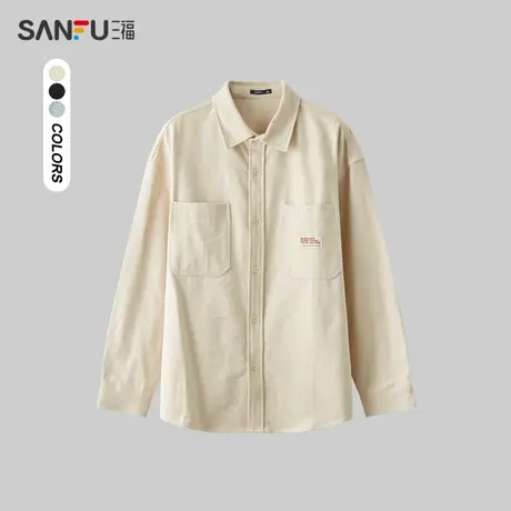 三福2024春季男士贴标设计粗斜长衬衫 日系休闲翻领上衣482198商品大图