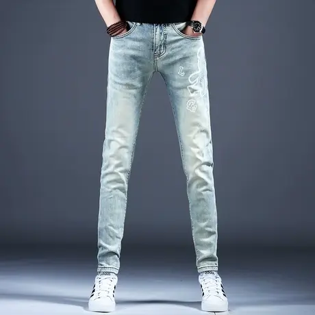 2024新款春秋复古做旧印花牛仔裤男款美式高街潮牌小脚修身裤子男图片