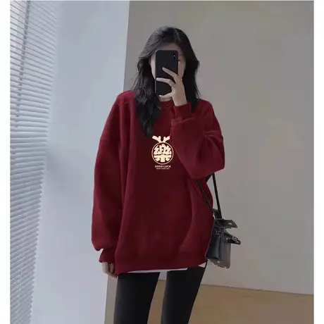 chic慵懒风港味加绒连帽卫衣女大码龙年外套ins冬季宽松情侣上衣商品大图