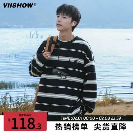 VIISHOW重磅cityboy卫衣男港风条纹无帽长袖t恤宽松圆领打底衫潮商品大图