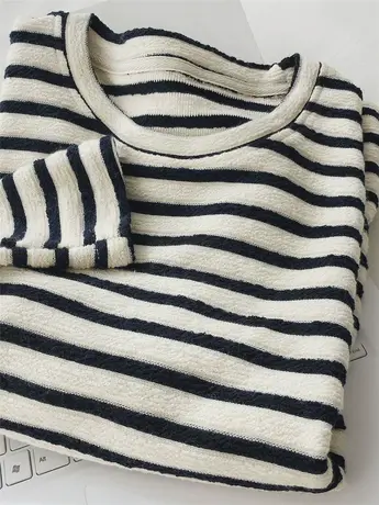 JU显白/温柔米色条纹纯棉卫衣女春季薄款宽松圆领学生长袖上衣t恤图片