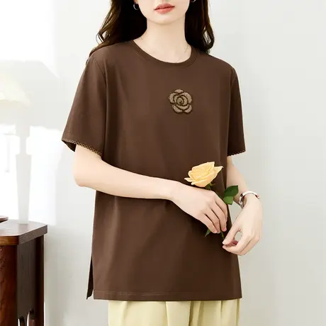 纯棉中长款t恤女2024年春夏新款时尚韩版宽松上衣刺绣遮臀体恤衫图片