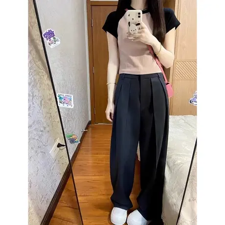 撞色拼接插肩短袖T恤女夏季2024新款百搭韩版修身短款半袖上衣潮商品大图