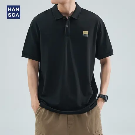 hansca黑色休闲短袖男polo衫青少年夏季简约纯色美式宽松保罗上衣商品大图