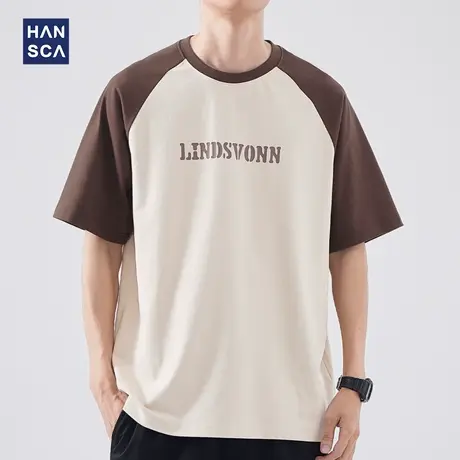 hansca 250g重磅圆领短袖T恤男夏季美式复古撞色纯棉宽松半袖上衣商品大图