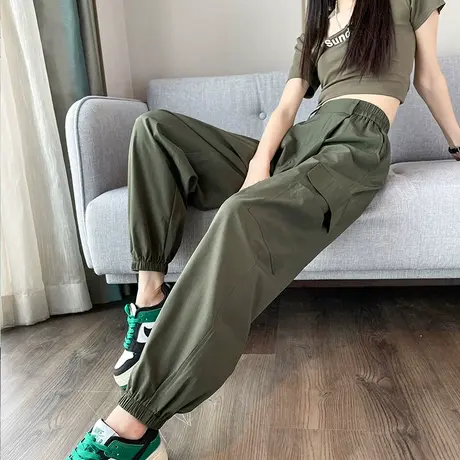 美式运动薄款速干工装裤女夏季薄款高腰显瘦哈伦休闲阔腿束脚裤子图片