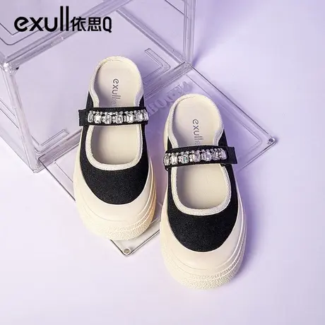 依思q半拖鞋女2024新款包头春季黑色外穿小香风玛丽珍厚底帆布鞋图片