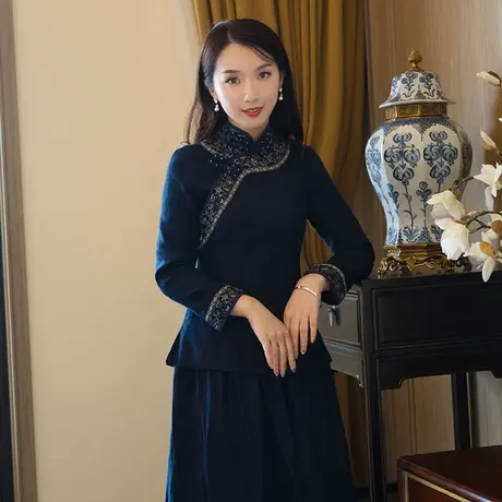 筠雅唐装中国风女装旗袍式上衣棉麻复古原创长袖盘扣茶服中式女装图片
