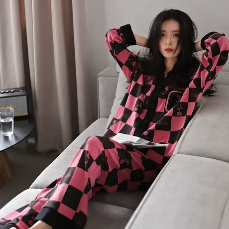 婷美秋冬季睡衣女纯棉长袖格子V领休闲韩系高颜值家居服春秋套装图片