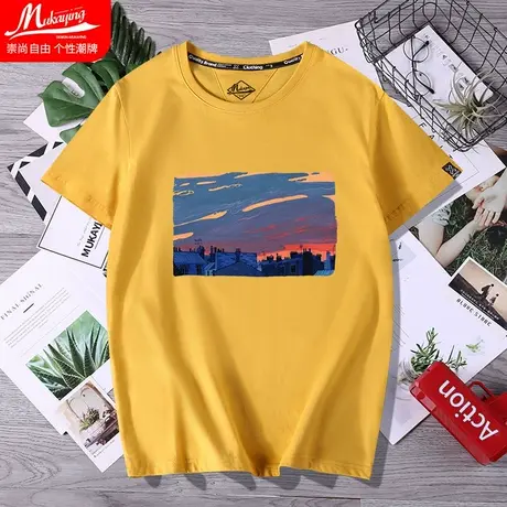黄色短袖男潮ins2021新款港风t恤男宽松纯棉上衣服夏季潮流体恤衫图片