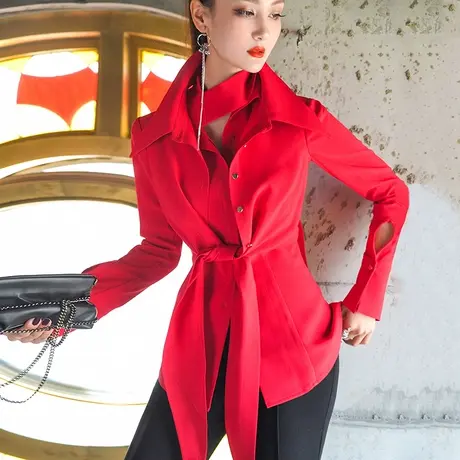 VJE时尚红色上衣女设计感小众秋装新款街头洋气假两件衬衫商品大图