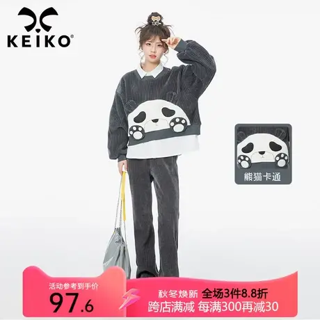 可爱熊猫造型减龄休闲卫衣女加绒秋季软糯条绒圆领宽松短款上衣商品大图