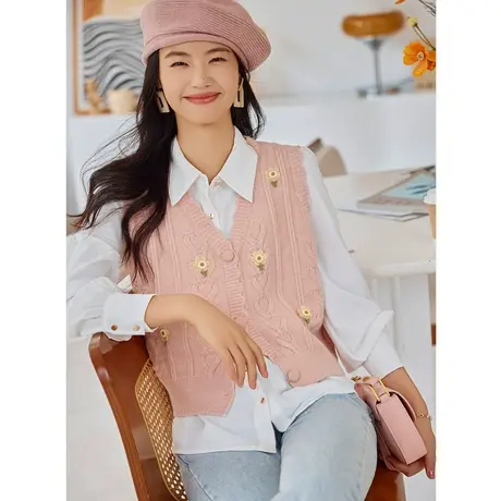 时尚气质针织马甲2023年夏季新款女温柔V领显瘦通勤百搭坎肩上衣商品大图