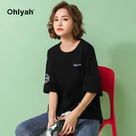 Ohlyah笑脸t恤女男情侣装夏装休闲宽松中长款下衣失踪黑色上衣服商品大图