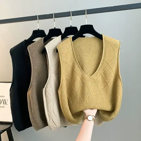 菱形格针织马甲女春秋2023新款复古文艺宽松百搭无袖毛衣背心马甲图片