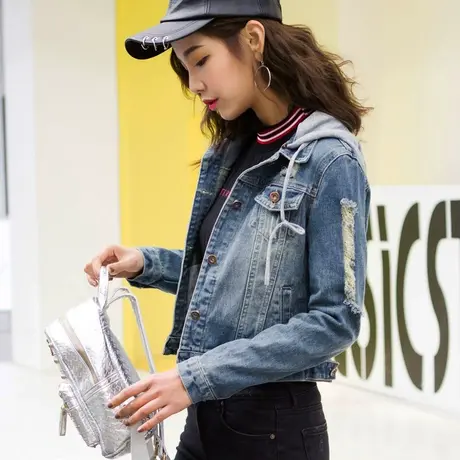 牛仔外套女短款修身韩版新款显瘦学生长袖春秋牛仔衣大码带帽93商品大图