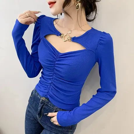 性感紧身打底衫女春秋2023新款心机镂空T恤长袖内搭高腰短款上衣商品大图