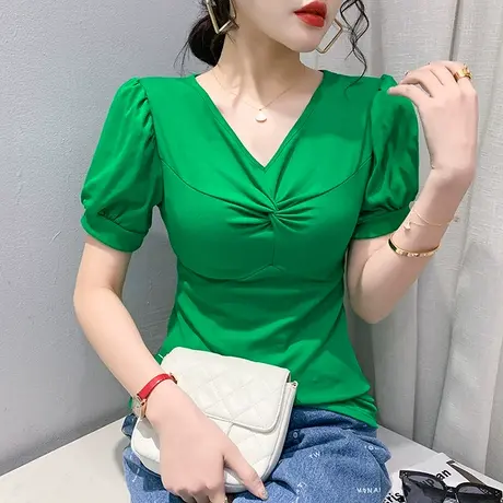 女装2023新款泡泡袖V领T恤短袖夏天修身百搭洋气上衣纯色气质小衫图片
