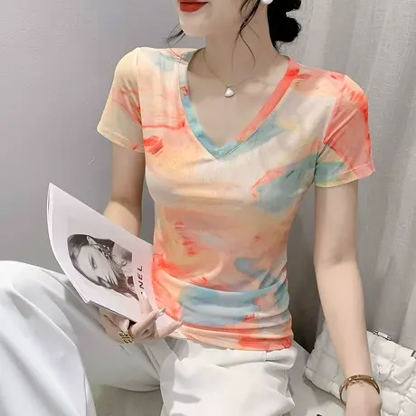 性感V领网纱短袖T恤女欧货拼色印花上衣夏季洋气修身上衣显瘦体恤商品大图