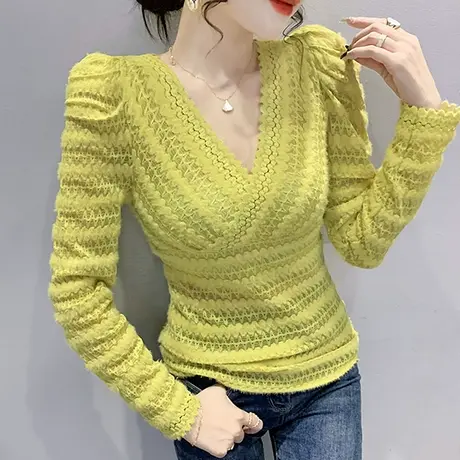 欧货性感V领蕾丝上衣女春秋紧身内搭洋气打底衫时尚泡泡袖雷丝T恤商品大图