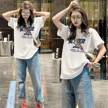 纯棉短袖t恤女2023新款欧货宽松中长款圆领半袖大码体恤上衣爆款商品大图