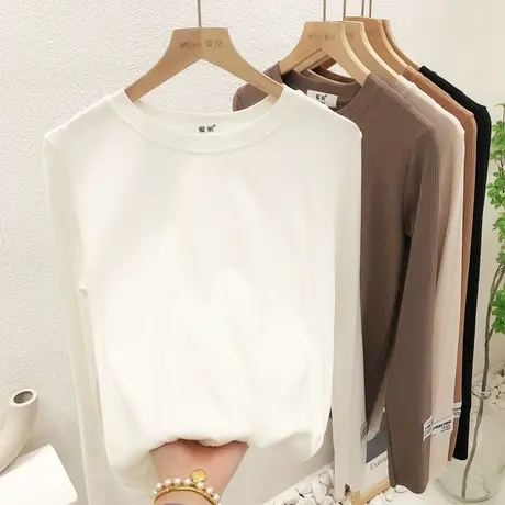 韩国东大门螺纹长袖字母标T恤2023春秋款简约百搭纯色打底衫显瘦商品大图