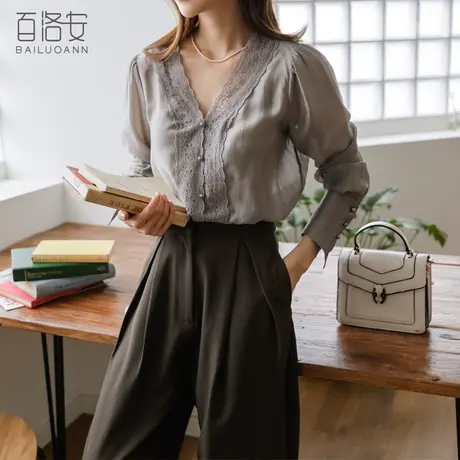 百洛安法式复古V领衬衣蕾丝拼接衬衫女秋季新款宽松设计感上衣图片