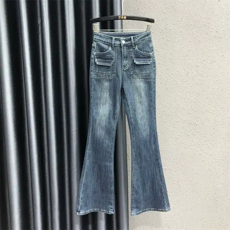 2023秋季新款蓝色个性口袋牛仔微喇裤女高腰显瘦弹力提臀喇叭裤潮商品大图