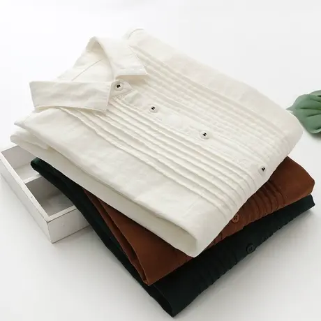 2022春秋新款文艺双层棉纱纯棉长袖白色衬衫女宽松风琴褶打底衬衣图片