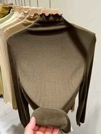 木耳边半高领羊绒磨毛上衣T恤女2022秋冬新款纯色加绒加厚打底衫图片