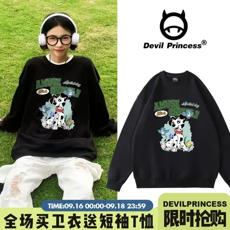 港味BF风古着感卡通印花黑色套头卫衣女ulzzang小众超火ins风上衣商品大图