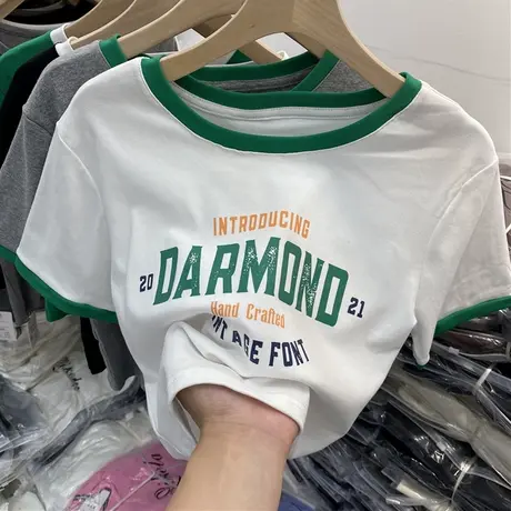 夏季短袖t恤女2023年新款韩版修身高腰显瘦半袖港风露脐 短款上衣商品大图