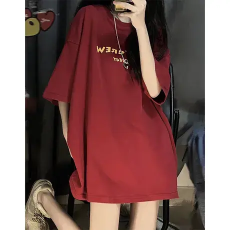重磅纯棉oversize短袖女夏季美式复古宽松大码t恤设计感小众上衣商品大图
