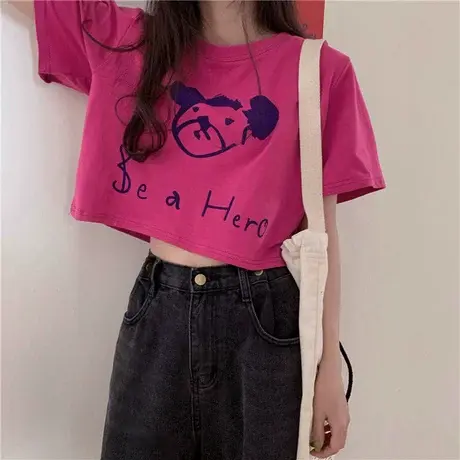 玫红色上衣夏甜美性感短袖2021网红t恤女ins超火短款显瘦上衣夏季商品大图