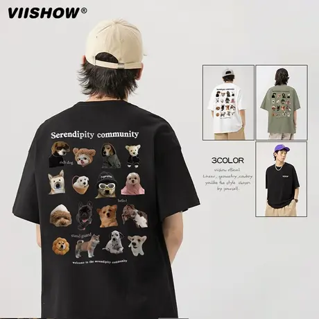 VIISHOW卡通动物狗狗总动员短袖男夏季美式休闲复古纯棉情侣T恤潮商品大图