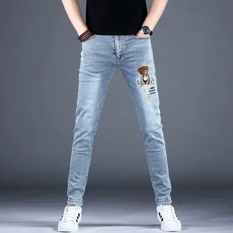 男士刺绣牛仔裤男春秋男款2023新款夏天高端潮牌休闲裤子修身小脚商品大图