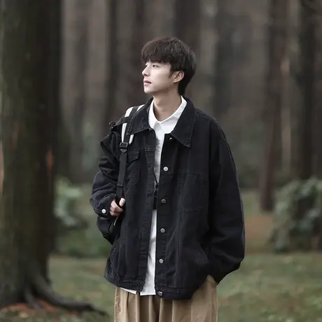 春秋季新款牛仔衣夹克男士美式高街潮牌工装复古潮流外套薄款黑色商品大图