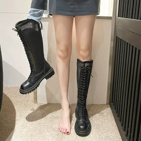 长筒靴女2023年春夏季新款网靴显瘦透气镂空靴子厚底高筒凉靴长靴商品大图